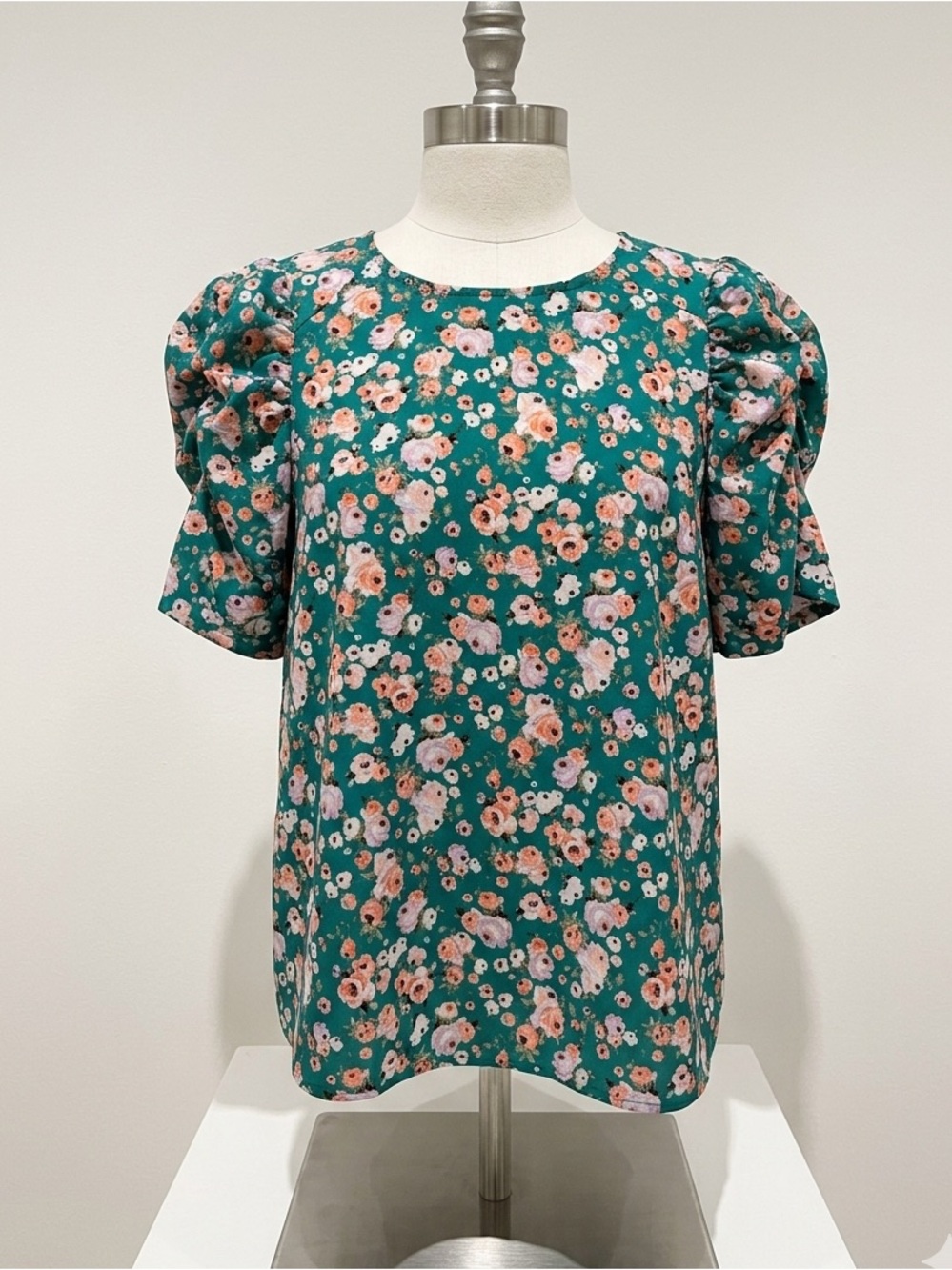 Pleione Green Floral Puff Sleeve Blouse